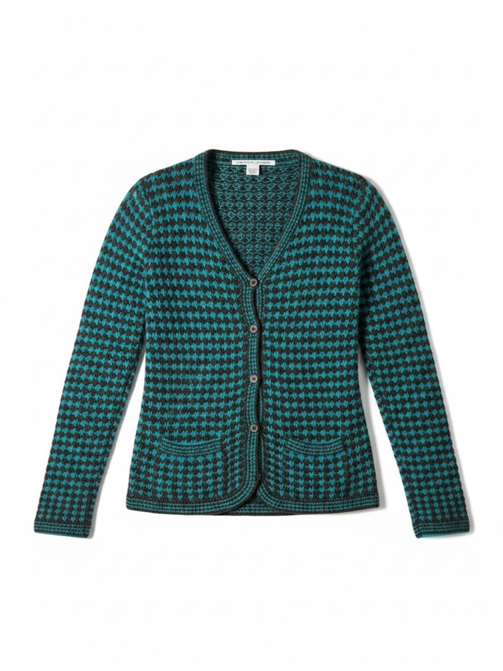 Trina Turk Teal and Black Houndstooth V‑Neck Button Cardigan